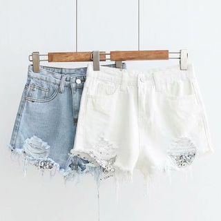 Ripped Sequined Denim Shorts