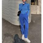 Zipper High-neck Frayed Crop Top / Drawcord Loose-fit Jogger Pants