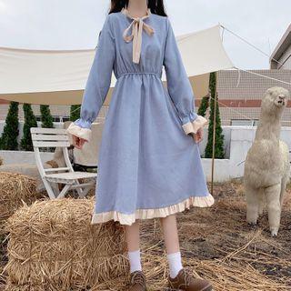 Flare-sleeve Ribbon Midi Dress