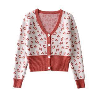 Leopard Print Cropped Cardigan Light Red & White - One Size