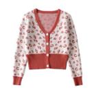 Leopard Print Cropped Cardigan Light Red & White - One Size