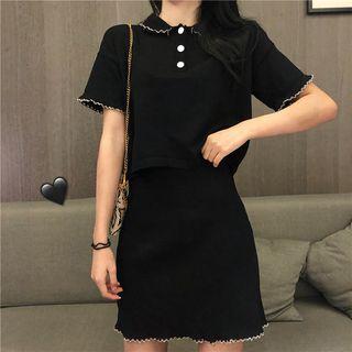 Set: Color-block Short-sleeve Polo-shirt + Skirt