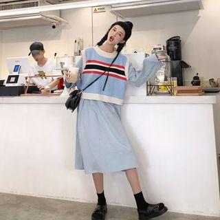 Striped Knitted Vest / Crew-neck Long-sleeve T-shirt Dress