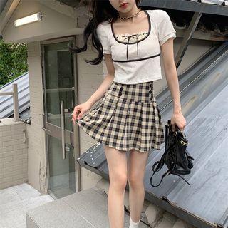 Lace Cropped Blouse / Plaid Mini Skirt