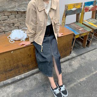 Slit-front Stitched Long Denim Skirt