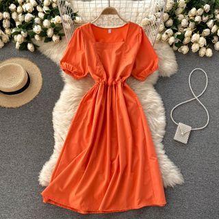 Square-neck Plain Lace-up Strap Puff-sleeve Dress