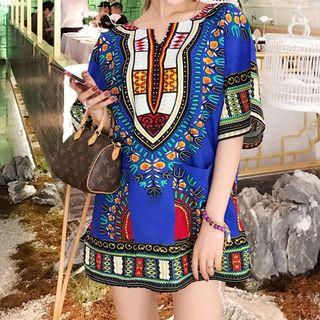 Patterned Elbow-sleeve Sundress