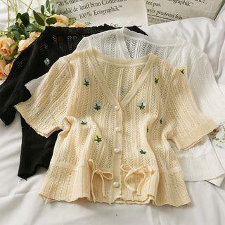 Open-knit Embroidered V-neck Shirt