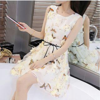 Butterfly Print Flower Applique Sleeveless Dress