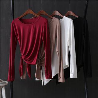 Plain Long-sleeve Side Knotted T-shirt