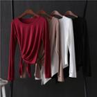 Plain Long-sleeve Side Knotted T-shirt