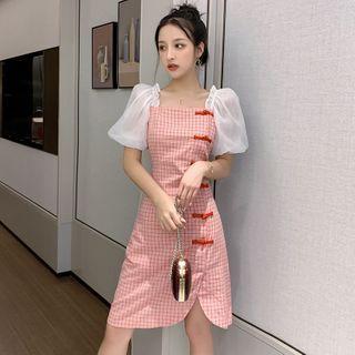 Plaid Frog-button Puff-sleeve A-line Dress