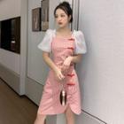 Plaid Frog-button Puff-sleeve A-line Dress