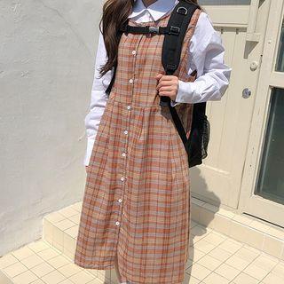 Round-neck Plaid Midi Pinafore Dress