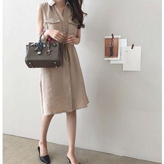 Sleeveless Drawstring-waist Shirtdress