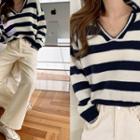 V-neck Collared Stripe Sweater Navy Blue - One Size