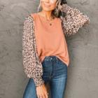 Puff Sleeve Leopard Print Paneled Loose-fit Top