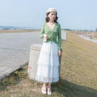 Set: Drawstring Knit Top + Midi Layered Skirt