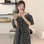 Short-sleeve Square Neck Floral Embroidered Midi Smock Dress Black - One Size