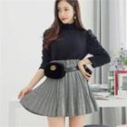 Paperbag-waist Herringbone Pleated Skirt