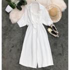 Set: 3/4-sleeve Front Knot Shirt + Sleeveless Wide-leg Jumpsuit