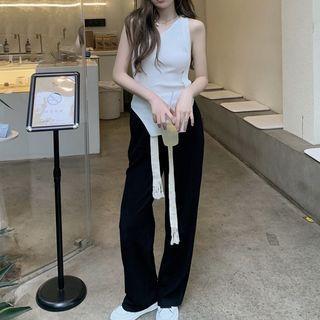 One-shoulder Knit Tank Top / High-waist Wide-leg Pants