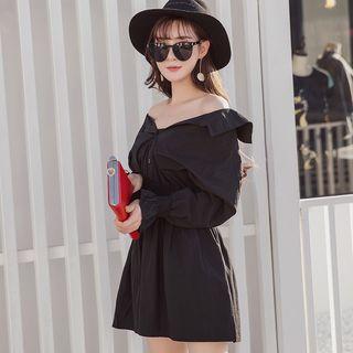 Plain Open Placket Shirred Waist Shirtdress