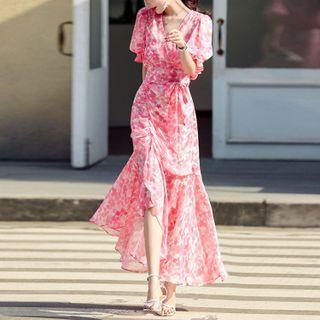 Set: Puff-sleeve Flower Print Blouse + Asymmetrical Maxi A-line Skirt + Camisole Top