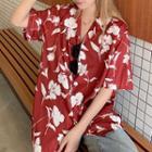 Elbow-sleeve Flower Print Shirt Red - One Size