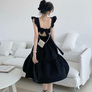 Sleeveless Ruffle Midi A-line Dress Black - One Size
