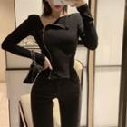 Long-sleeve Zip-up Ribbed Top