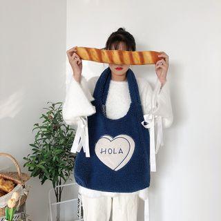 Lettering Embroidered Fleece Tote Bag