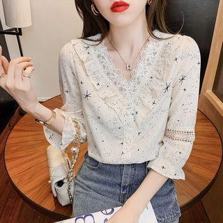Elbow-sleeve Lace Trim Star Print Blouse