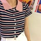 Striped Short-sleeve Collared Buttoned Knit Top As Shown In Figure - One Size
