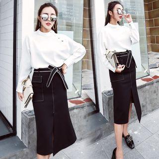Set: Mock Neck Button Top + Slit-hem Pencil Skirt