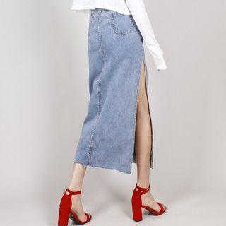 Washed Midi A-line Slit Denim Skirt