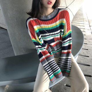Long-sleeve Contrast Color Cable Knit Sweater As Shown In Figure - One Size