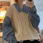 Mock Two-piece Long-sleeve Distressed Knit Panel Denim Shirt