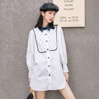 Contrast Collar Long-sleeve Mini Shirtdress White - One Size