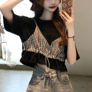 Short-sleeve Mock Two-piece Drawstring Cropped T-shirt