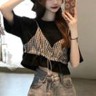 Short-sleeve Mock Two-piece Drawstring Cropped T-shirt