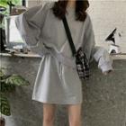 Set: Crew-neck Pullover + Drawstring A-line Skirt