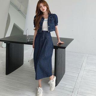 Short-sleeve Denim Jacket / Denim High-waist A-line Skirt