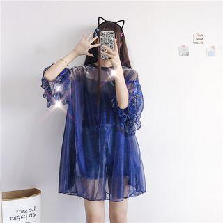 Set: Elbow-sleeve Sheer A-line Dress + Camisole