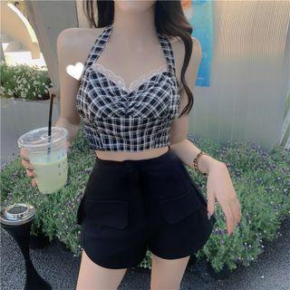 Lace Trim Plaid Cropped Camisole Top / High-waist Wide-leg Shorts