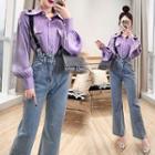 Set: Silky Shirt + Boot-cut Denim Dungaree