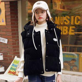 Hooded Snap-button Corduroy Padded Vest Black - One Size