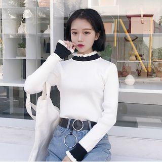 Mock Collar Frilled Color Block Sweater