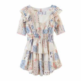 Short-sleeve Flower Print Mini Tiered Dress