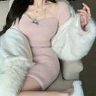 Long-sleeve Knit Mini Bodycon Dress Pink - One Size